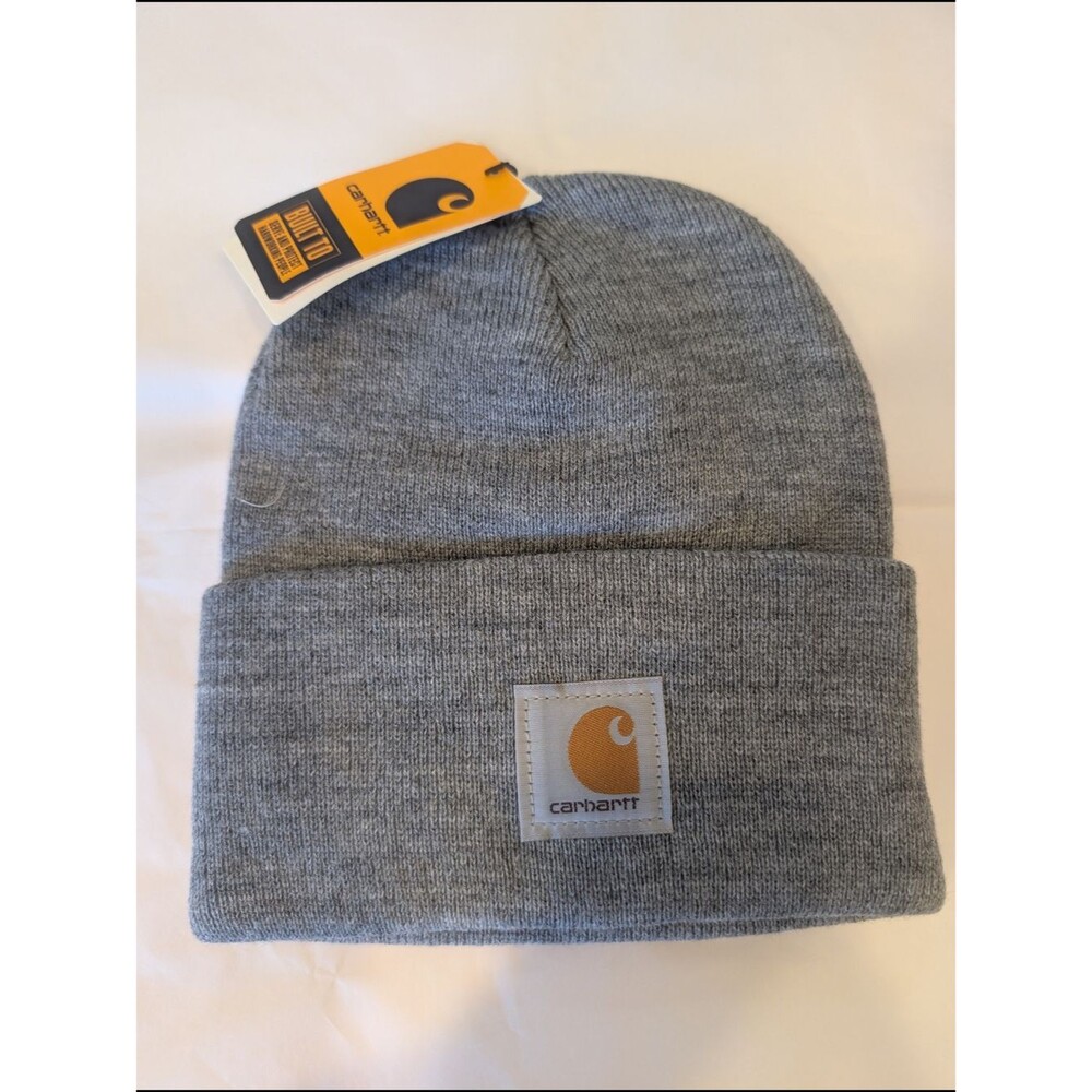 Carhartt Light Gray Cuffed Knit Beanie Hat w/ Logo Patch NWT winter snow cold
